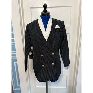VTG 90s Black + Pinstriped Blazer Pearl Buttons Shoulder Pads, Attached Undershi